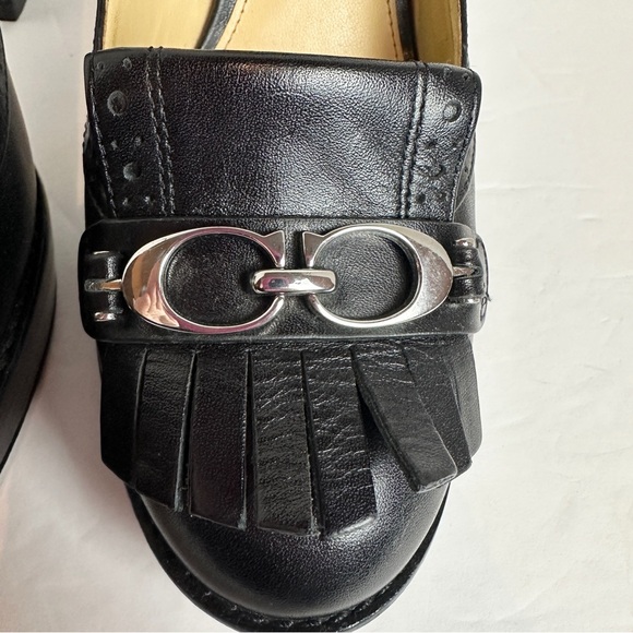 Coach Lynne Black Leather Platform Pumps Heels Size 9.5 Stacked Heel Fringe - Picture 8 of 16